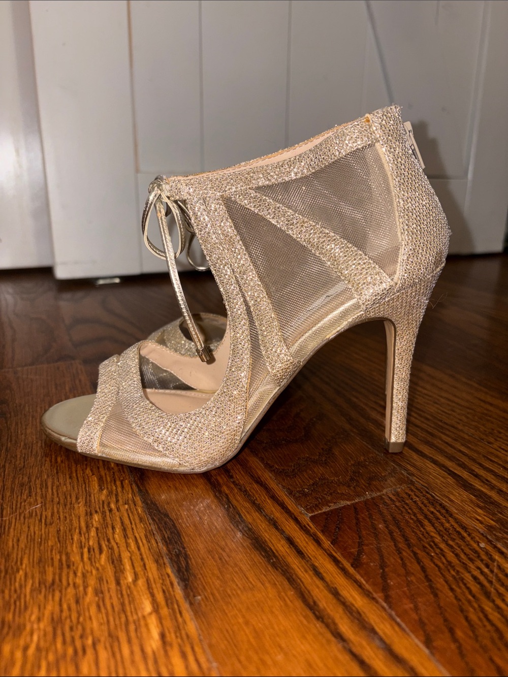 Nina Sparkle Mesh Lace-Up Stiletto Sandal - Champagne Gold